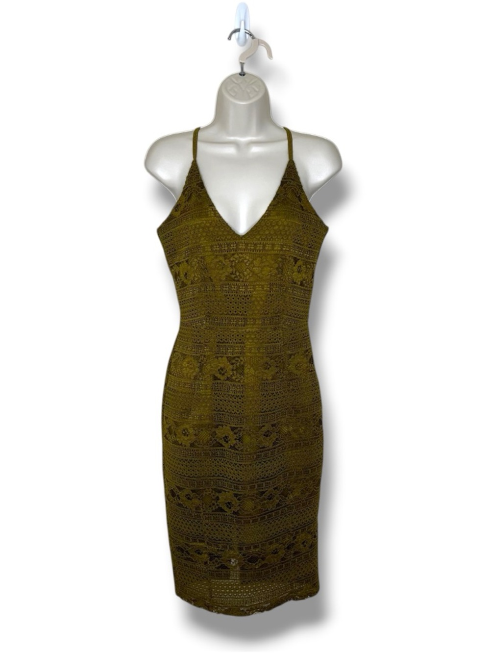 H&M Crochet Lace Olive Green Column Sheath Dress Strappy V Neck Women 6 Party